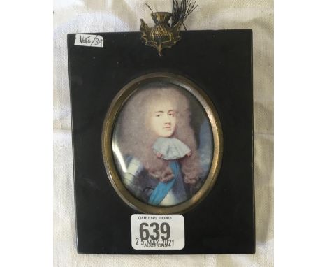 MINIATURE PORTRAIT PRINT OF JAMES SCOTT, DUKE OF MONMOUTH 1649-1685 IN ANTIQUE PAPIER MACHE FRAME WITH THISTLE MOTIF HANGER