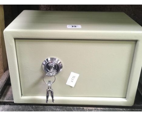 SMALL GREY HOTEL TYPE SAFE WITH TIE DOWN BOLTS &amp; KEYS