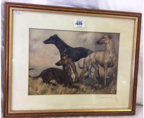 ELIZABETH ANSELL, COLOURED LIMITED EDITION PRINT OF GREYHOUNDS, SIGNED & NUMBERED 25/100