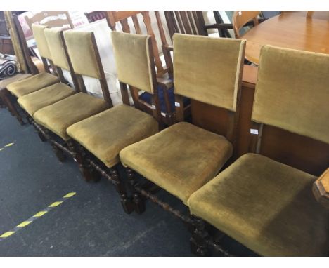 SET OF 6 HEAVY OAK &amp; UPHOLSTERED DINING CHAIRS WITH TURNED LEGS &amp; STRETCHERS