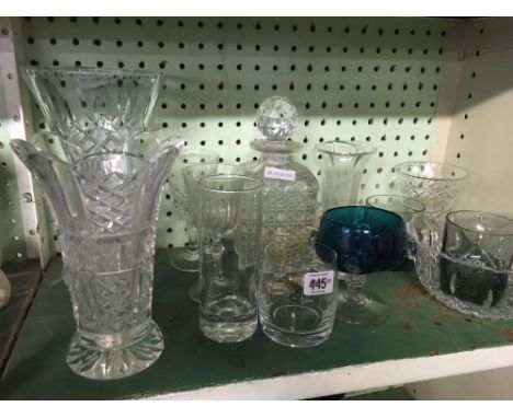 SHELF WITH CUT GLASS VASES, DECANTER &amp; VARIOUS GLASSES