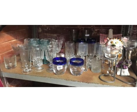 SHELF OF VARIOUS GLASSWARE INCL; SUNDAE DISHES, GLASSES, GOBLETS ETC