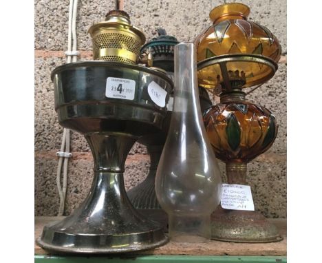 ONE BRASS VINTAGE RAIN LAMP A/F, A DECORATIVE ORANGE GLASS OIL LAMP A/F &amp; 1 OTHER