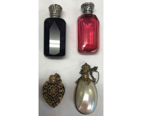 2 SCENT BOTTLES IN CRANBERRY &amp; AMETHYST WITH WHITE METAL &amp; HALLMARKED, SILVER TOPS PLUS 2 MORE - 1 TOP LOOSE