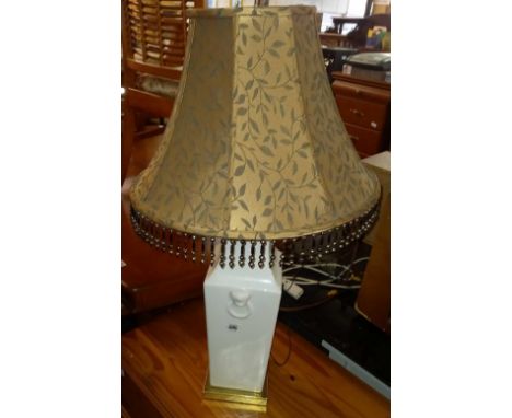 WHITE CHINA TABLE LAMP WITH GOLD COLOURED SHADE &amp; TASSELS