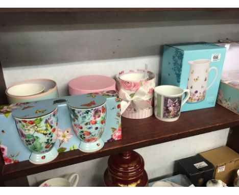 SHELF OF DECORATIVE CERAMIC MUGS &amp; A VASE