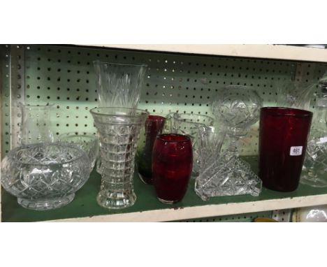 SHELF OF CUT GLASSWARE INCL; BOWLS, CANDLE HOLDER, DECANTER, VASES ETC