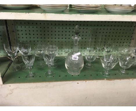 SHELF OF VARIOUS GLASSWARE, SUNDAE DISHES &amp; A DECANTER