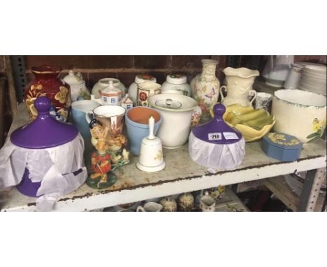 SHELF OF POTTERY VASES, STORAGE CONTAINERS, ORNAMENTS ETC