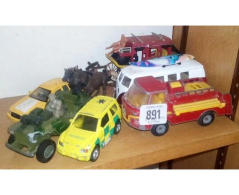 DIECAST FIRE TRUCK, VW CAMPER VAN WITH SURFBOARD ON ROOF. DINKY  JEEP UNDER ATTACK PARAMEDIC CAR.  PLASTIC STAGECOACH (US MAI