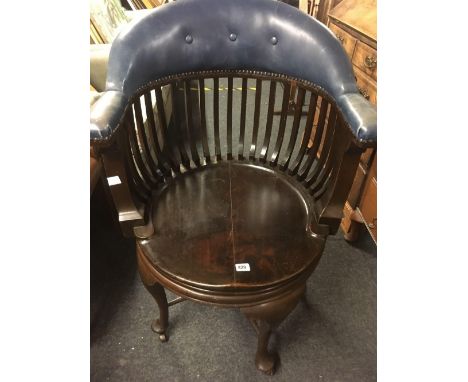 ANTIQUE DARK MAHOGANY &amp; UPHOLSTERED SWIVEL CAPTAINS CHAIR