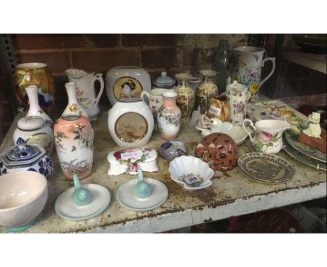 SHELF OF POTTERY VASES, STORAGE CONTAINERS, ORNAMENTS ETC