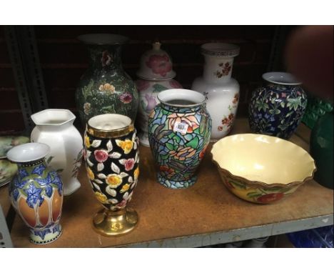 SHELF OF VARIOUS LARGE CHINA VASES ETC