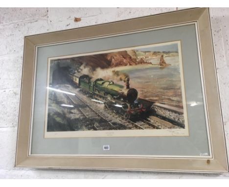 TERENCE CUNEO. A PENCIL SIGNED LIMITED EDITION COLOUR RAILWAY PRINT NUMBERED 234/500 ENTITLED ''CASTLE ON THE COAST'' A VIEW 