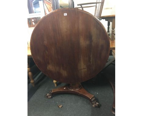 VICTORIAN DARK MAHOGANY TIP-TOP DINING TABLE WITH HEAVY PEDESTAL ON BALL &amp; CLAW FEET WITH CASTERS - 3ft 3'' DIA