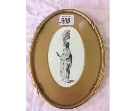MINIATURE PORTRAIT OVAL OF A LADY WITH FEATHER HEADDRESS AND FAN IN GILT DECORATIVE METAL FRAME
