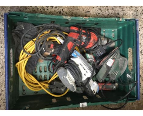 CARTON WITH BLACK &amp; DECKER POWER DRILL, BOSCH SANDER &amp; 1 OTHER WITH VARIOUS CABLES