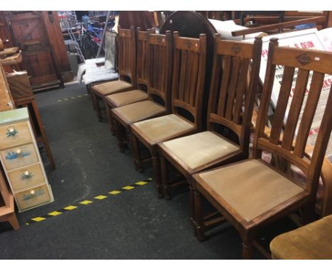 SET OF 6 SLAT BACK OAK DINING CHAIRS WITH TURNED &amp; CARVED LEGS 