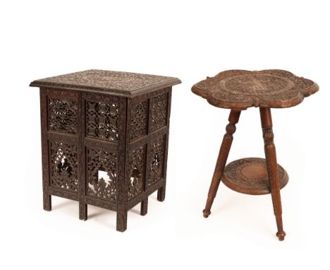 A heavily carved Middle Eastern table of square shape with pierced sides and a similarly carved table on three legs (2)   CON