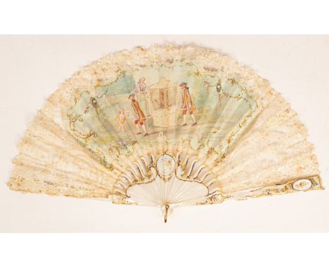 A Spanish mother-of-pearl, lace and paper fan, circa 1900, each side with a scene of a lady in a sedan chair being engaged in