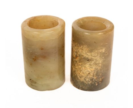 Two Chinese jade brush pots, late Qing, of plain cylinder form, 10.5cm and 10.25cm high   CONDITION REPORT:  Condition inform
