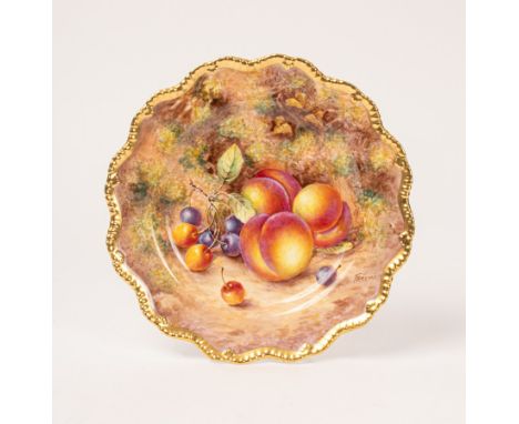 A Royal Worcester cabinet plate painted by Freeman with peaches and cherries, gilt shaped gadrooned rim, 22.4cm wide   CONDIT