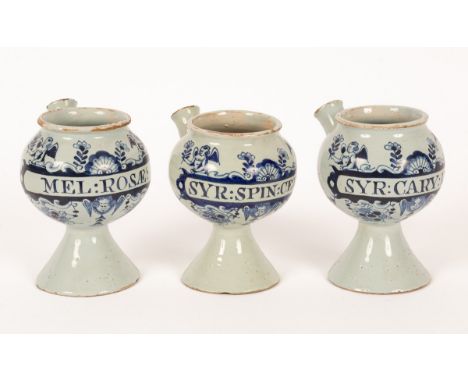Three Delftware blue and white wet drug jars, possibly London, circa 1740-60, named for; Syr: Cary: Rub, Syr: Spin: Cerv, Mel