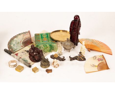 A group of Oriental items to include a Shoulao statue, two laughing Buddha statues, a white metal censer, a brass tray, three