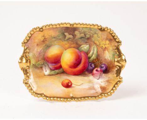 A Royal Worcester oblong dish painted by Price with peaches and cherries, gilt gadrooned rim and two scroll handles, 17cm wid