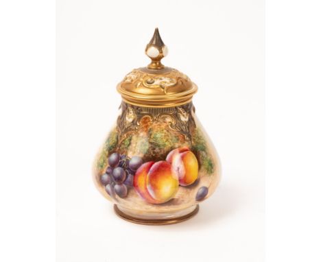 A Royal Worcester pot-pourri vase and cover painted by Lynes with peaches and grapes, of low-bellied form, shape H291, 16cm h