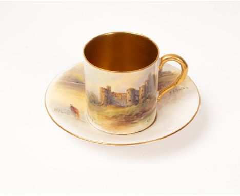 A Royal Worcester cabinet coffee cup and saucer painted by John Stinton with titled views of Chepstow and Black Rock     COND