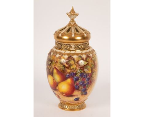 A large Royal Worcester pot-pourri vase and cover, painted by Freeman with pears and blackberries, shape 2048, 34cm high COND