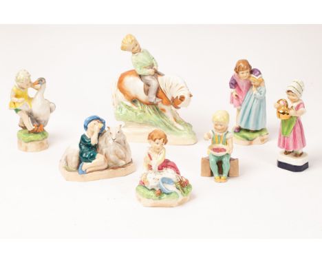 A group of seven Royal Worcester Nursery Rhyme figures by Freda Doughty, 'Polly put the Kettle On', 'Babes in the Wood', 'Lit