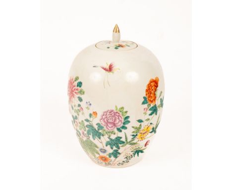 A Chinese famille rose porcelain jar and lid, Dong Gua Guan, 20th Century, of a melon shape, decorated with butterflies and b