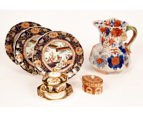 A Derby oval sucrier and cover in pattern 1128, a Wedgwood octagonal covered bowl and stand, a Masons ironstone octagonal jug