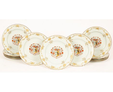 Twelve Chinese famille rose armorial plates, Qing dynasty, Qianlong period, circa 1750, each brightly painted enamels with th