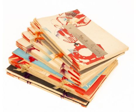 A collection of Japanese books, late 19th Century, profusely illustrated with Ukiyo-e hand-coloured plates.    CONDITION REPO