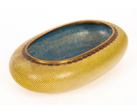 A Chinese yellow cloisonné oval bowl, decorated with a scale pattern and a black and red dot border to rim, blue interior, 36