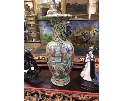 A 19th Century Cantonese enamel baluster vase, painted in polychrome with panels of figure scenes, height 62cm, (later conver