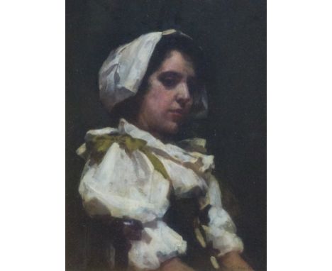 George Hall Neale (British, 1863-1940), portrait of a lady, half length, wearing a white bonnet, signed lower right, oil on b