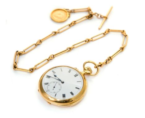 A gents 18ct gold open faced quarter repeating pocket watch, top wind, white enamel dial with Roman numerals and subsidiary s