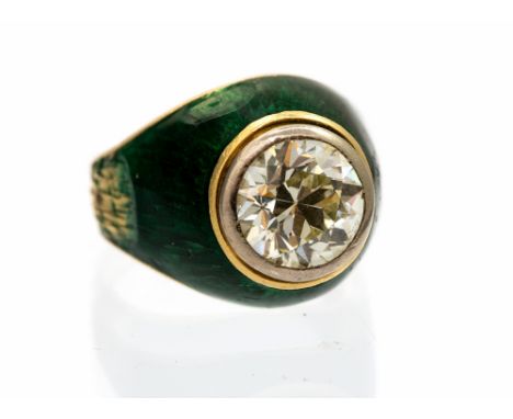 A diamond solitaire 18ct yellow gold ladies signet style ring with green enamelled head and shoulders, the round brilliant cu