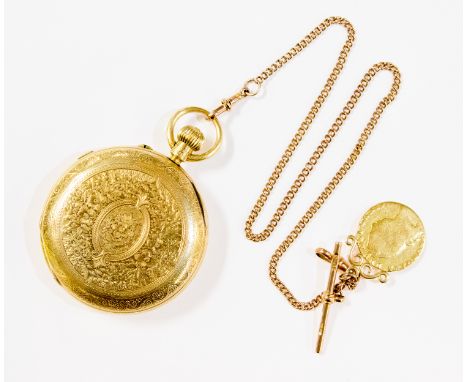 Marcus King of Birmingham, an 18ct gold full hunter chronograph top wind pocket watch, bright cut engraved scrollwork case, 5