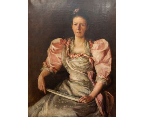 Arthur L. Hewlett (British, fl.1889-1893), portrait of a lady, three quarter length seated, in a pink and white dress and hol