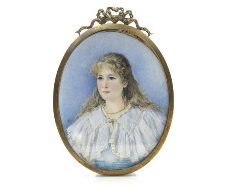 Florence Hannam (British, fl.1887-1906), an oval portrait miniature of Agnes Marguerite Ruth Barnes, signed, dated 1896 and t