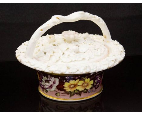 A Spode pot pourri basket and cover, circa 1820, the flared body decorated in the round with a floral still life, the lid mou