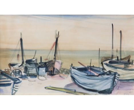 Paul Maze (French, 1887-1979), a beach scene with fishing boats, signed and dated 1959 lower right, 30cm by 50cm, framedNotes