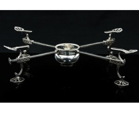 A George III silver dish cross, articulated arms with adjustable legs, the feet and supports reticulated and beaded, Hester B