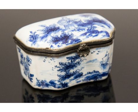 An 18th Century enamel patch box, probably European, hinged lid, painted in blue with a lady in a landscape, 'C.L' monogram, 