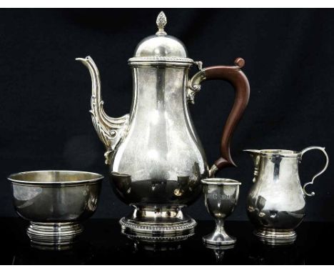 An Elizabeth II silver baluster coffee pot of Georgian design, maker Barker Ellis & Co, Birmingham 1965, together with a matc